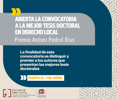Abierta la convocatoria del Premio Antoni Pedrol i Rius a la mejor Tesis Doctoral en Derecho Local (VIII edición, 2025)